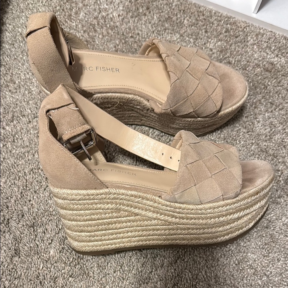 Marc Fisher Tan Wedge Sandals with Jute Platform